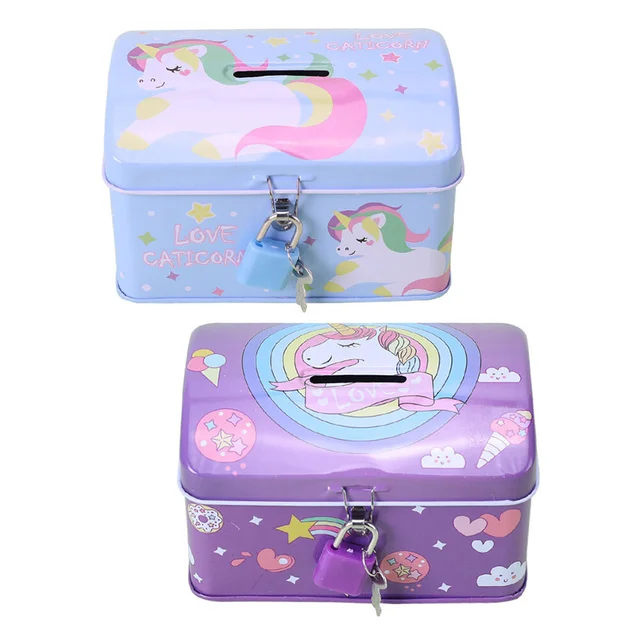 2 Dcs Unicorn Piggy Bank Rajzfilm Mentő Zár Kávé -Konténer Emléktárgy Kreatív Pénz Edény Szép Vas Imádnivaló Jar Gyermekfém - Image 3