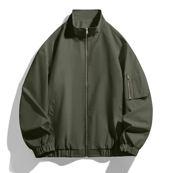 سترة عمال رفيعة بياقة واقفة لعام 2025 للرجال جديدة لربيع وخريف الرجال معطف بلون سادة وسحاب موضة سترات منفوخة مضادة للرياح للرجال