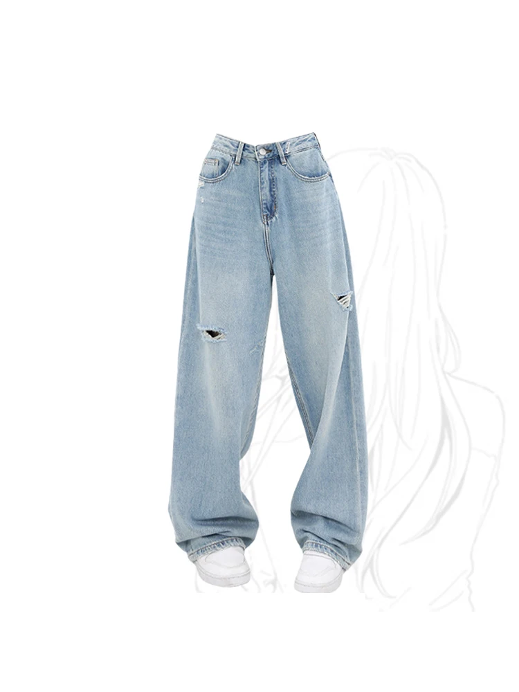 

Women Blue Ripped Jeans 2023 Summer Streetwear Harajuku Baggy Vintage Casual Y2k Straight Denim Wide Leg Pants Oversized Trouser