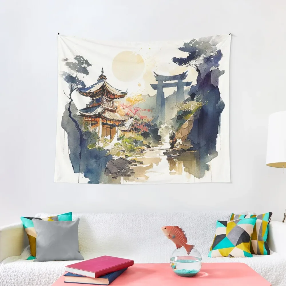 

Japan landscape of temple with mountains and river in loose expressive watercolor Tapestry Wallpapers Home Decor Tapestry
