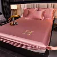 Luxury Satin Fitted Sheet Embroidered Solid Color Mattress Cover with Elastic Band Bed Sheet Bed Linen High-end Rayon Bedsheet 1