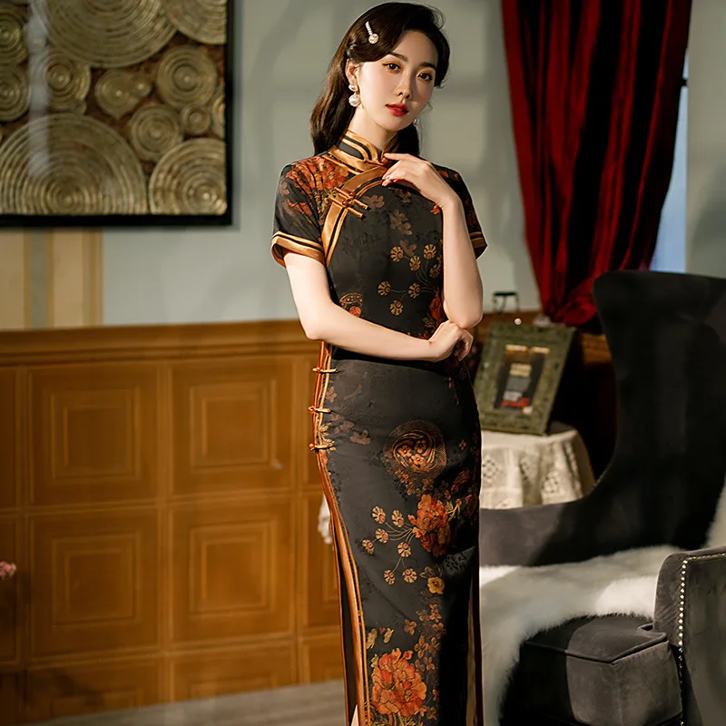 

2022 Spring Autumn New Black Traditional Cheongsam Slim Chinese Style Cheongsam Ink Flower Retro Court Style Qipao Evening Dress