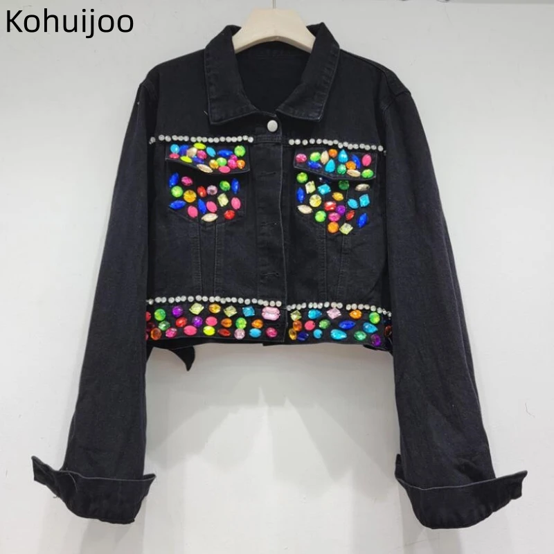 

Kohuijoo Multicolour Rhinestone Denim Jacket Women 2023 Heavy Beading Short Fashion Casual Loose Coat Jeans Vintage Washing