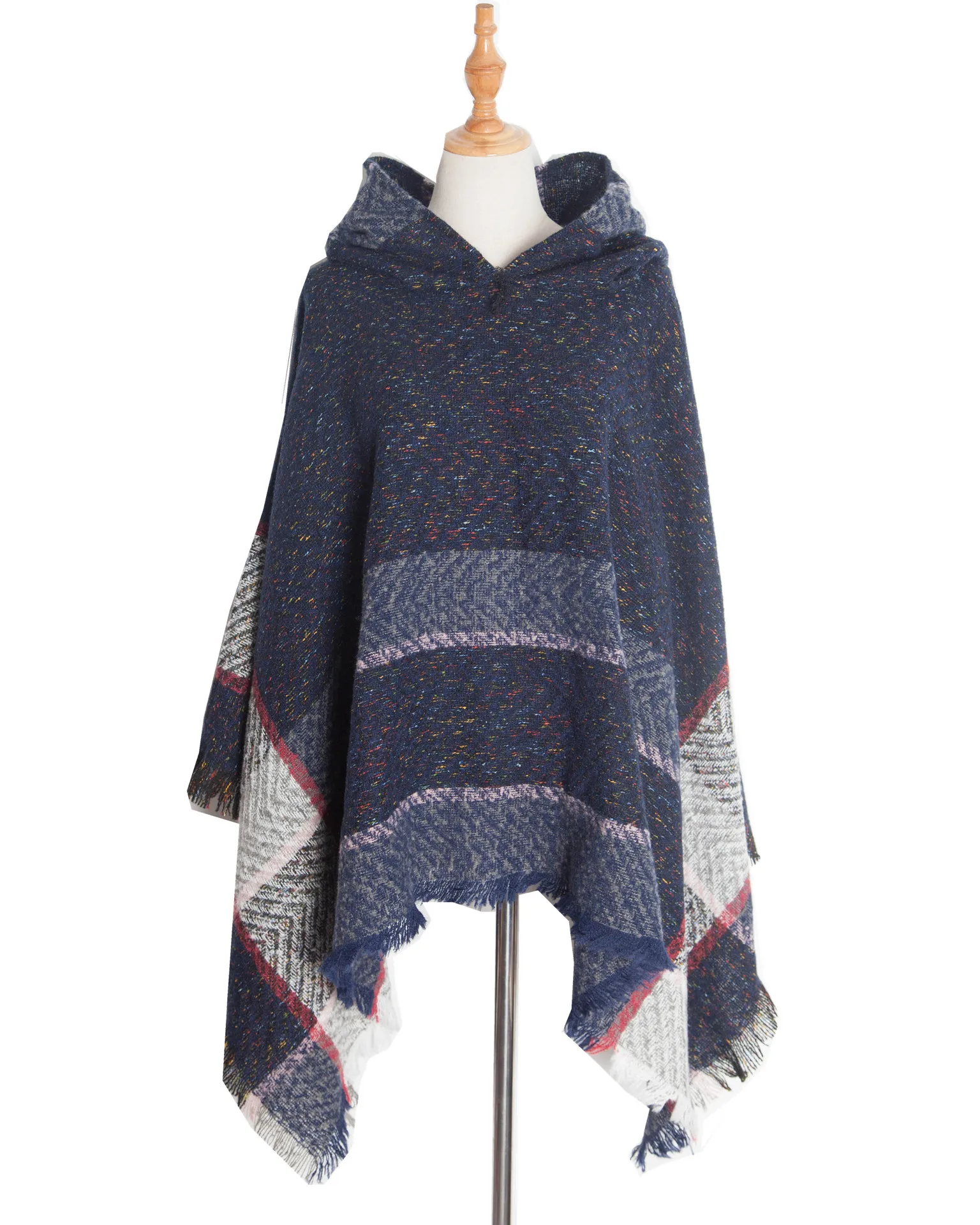 New Autumn Winter Fishbone Pattern Women's Hooded Cape Pullover Cape Women Poncho Lady Capes Navy Cloaks autumn winter new style color contrast striped national style tassel pullover cloak poncho lady capes black cloaks