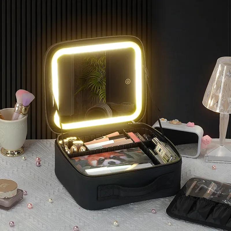 Large Capacity Makeup Bag with Mirror LED Light Portable Handheld Professional Touch up Bag INS Style Pure Color Other Material