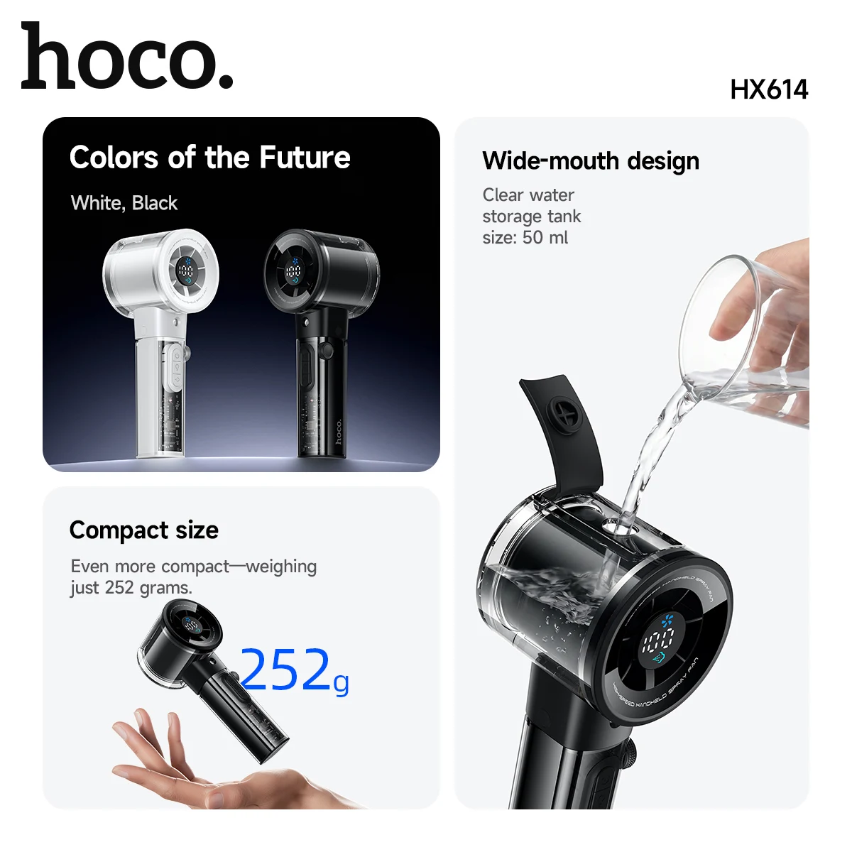 HOCO 휴대용 아이스 쿨링 핸드헬드 팬 투명 충전식 3000mAh LED 디지털 디스플레이 팬 물 분사 팬 야외 파티용