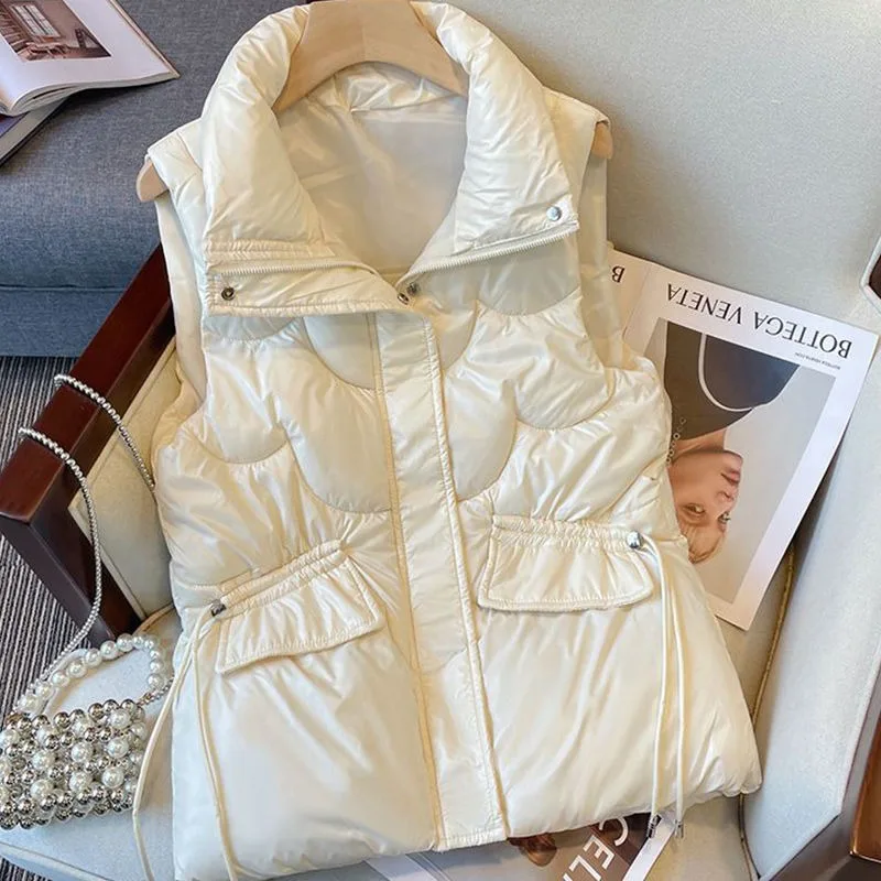 2024 New Korean Version Wash-free Shiny Down Cotton Vest Women's Short Loose Stand-up Collar Horse Clip Autumn Winter Vest