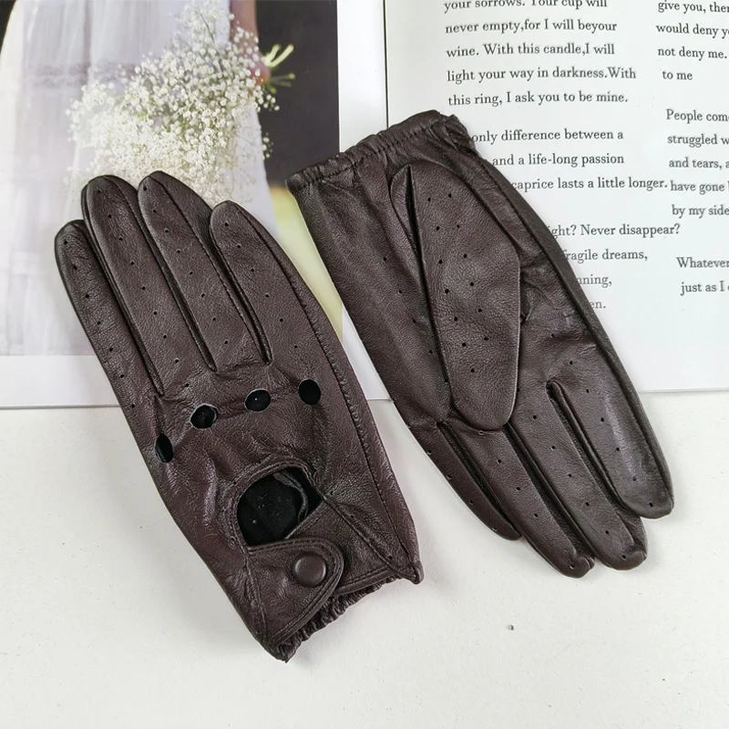 Thin Women's Sheepskin Driver Gloves Summer Breathable Snap Button Colored Genuine Leather Gloves