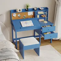 Adjustable Kids Desk and Chair Set-Wooden Study Table with Tilt Desktop,Hutch,Drawers,Cork Board & Padded Stool for Boys Girls 2