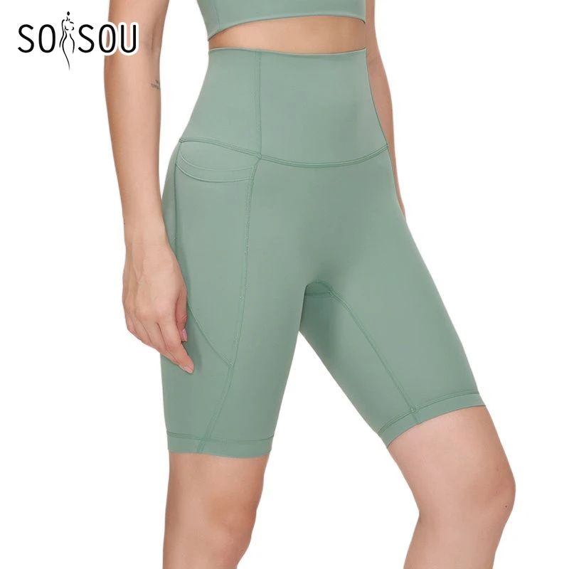 SOISOU Nylon Women's Shorts Cycling Gym Yoga Fitness Shorts Side Pockets High Waist Soft Tight Elastic Womens Clothing
