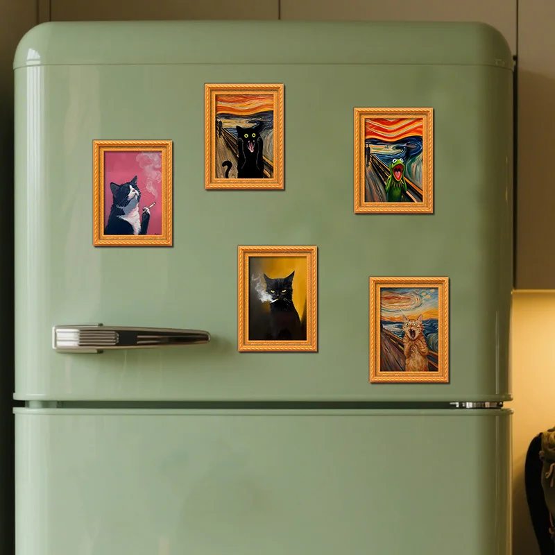 Ins Black Cat Retro Scream Picture Frame Magnet - Rental House Décor, Magnetic Oil Painting Style