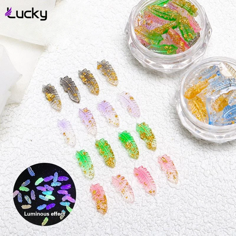 

50pcs Luminous Effect Resin Gold Foil Feather Nail Art Decoration Flat Back Manicure DIY Jewelry Accessories Glow At Night