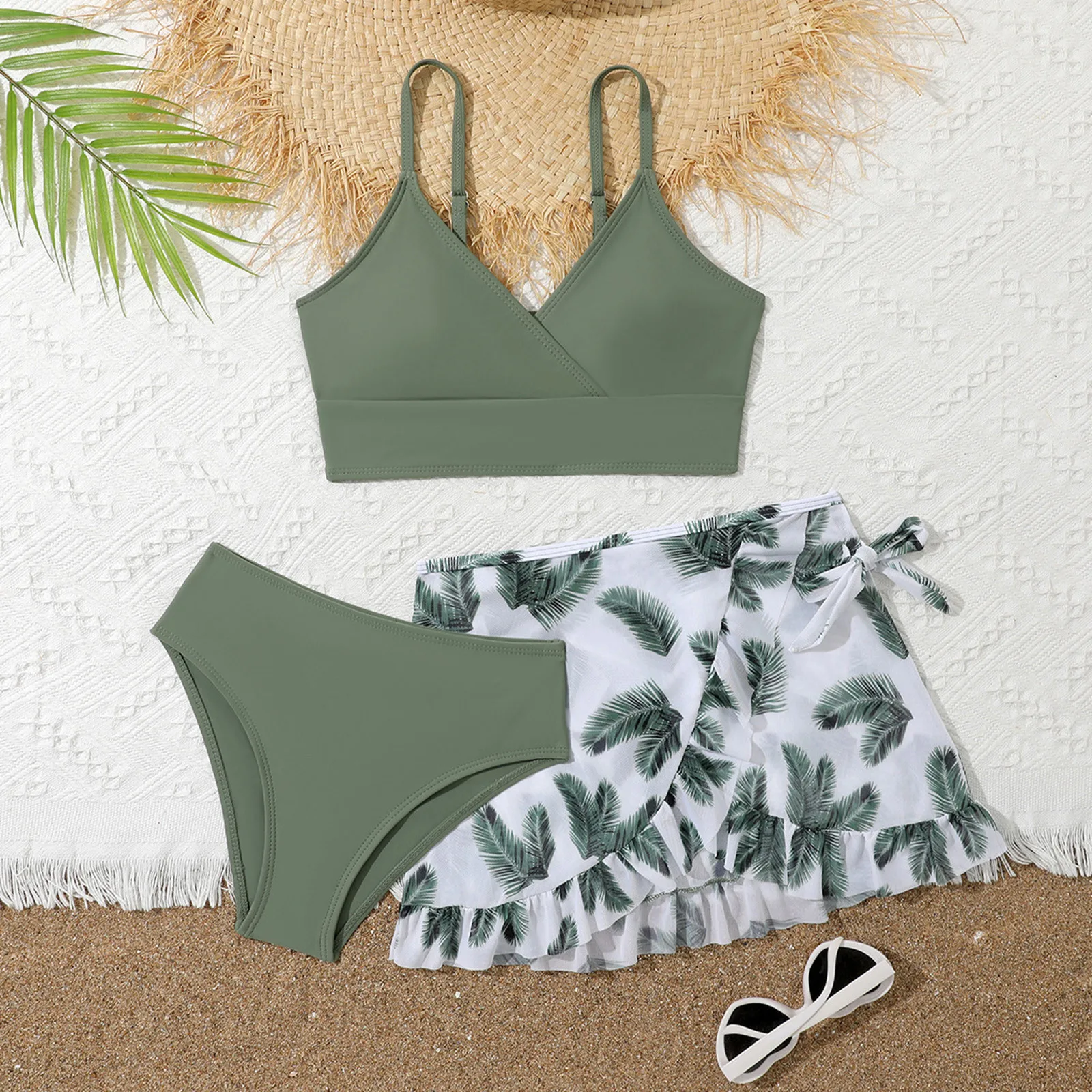 Girls Bathing Suits 3 Pcs Padded Bikini Swimsuit Swimming Outfit with Cover Up Skirt Beach Surfing Tankini Swimwear for Kid bikini sets