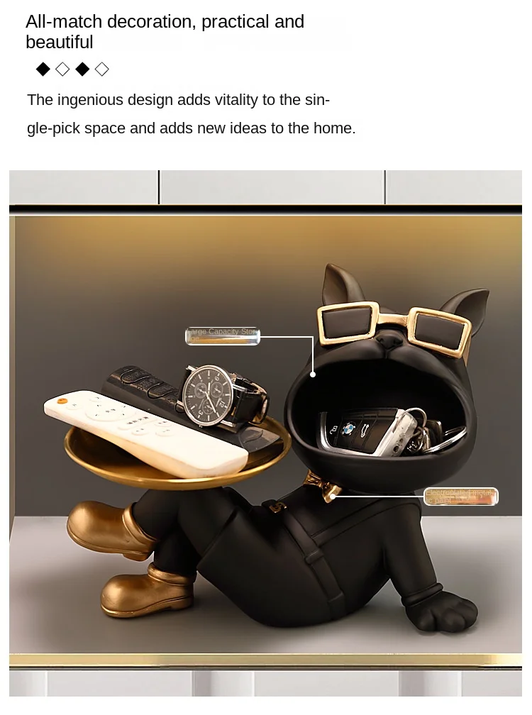 Bulldog Resin Figurine Ornament, Big Mouth Dog with Storage Tray, Candy, Key Storage Container Ornament, Tabletop Figurine