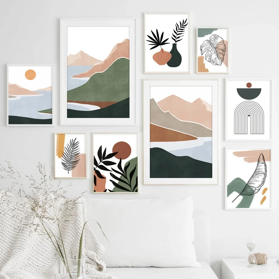 

Abstract Mountain Sun Lake Palm Leaf Minimalist Wall Art Canvas Painting Posters And Prints Wall Pictures For Living Room Decor