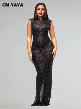 CM.YAYA 2024 Fall Diamonds Hot Rhinestones O-neck Women Sleeveless Bodycon Long Dress Birthday Party Evening Prom Maxi Dresses 1