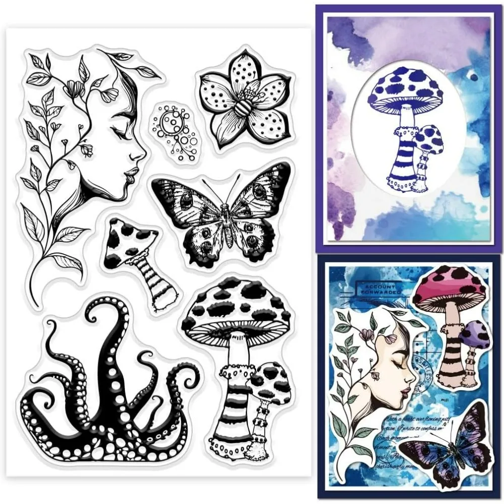 1pc Dark Magic Elements Clear Stamps Mushroom Tentacle Silicone Clear Stamp Seals Butterfly Flower People Transparent Stamps clear stamps,clear rubber stamps