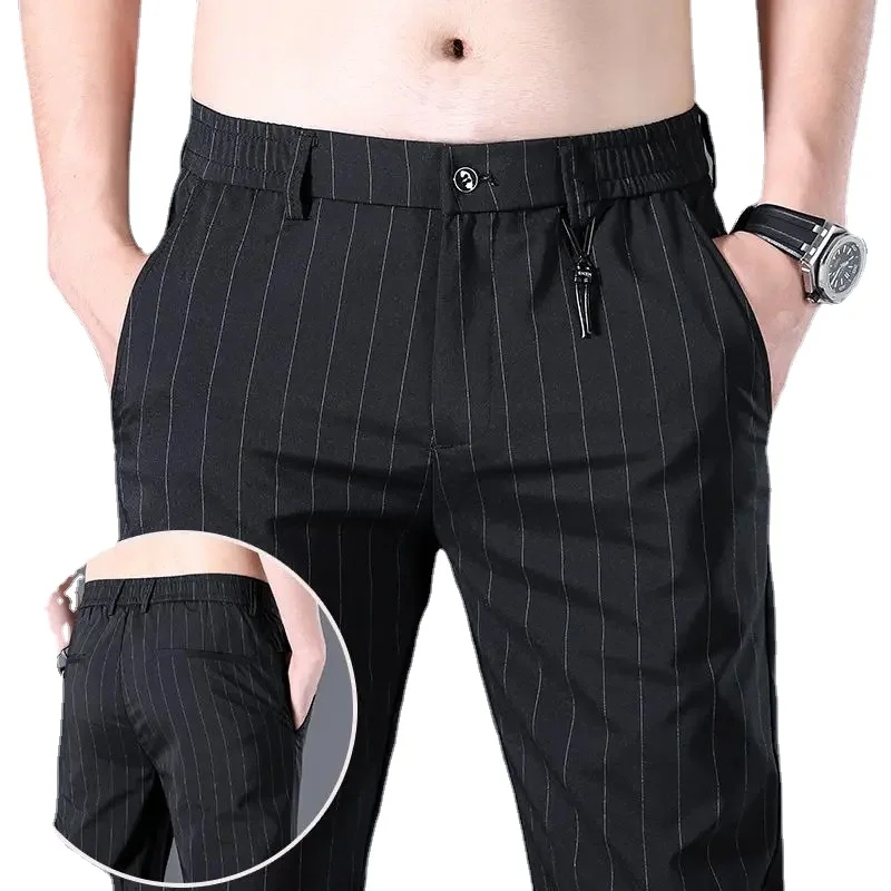

Spring Summer Men Thin Striped Business Suits Pants Streetwear Fashion Male Clothes Elastic Loose Casual Straight Trousers 2023