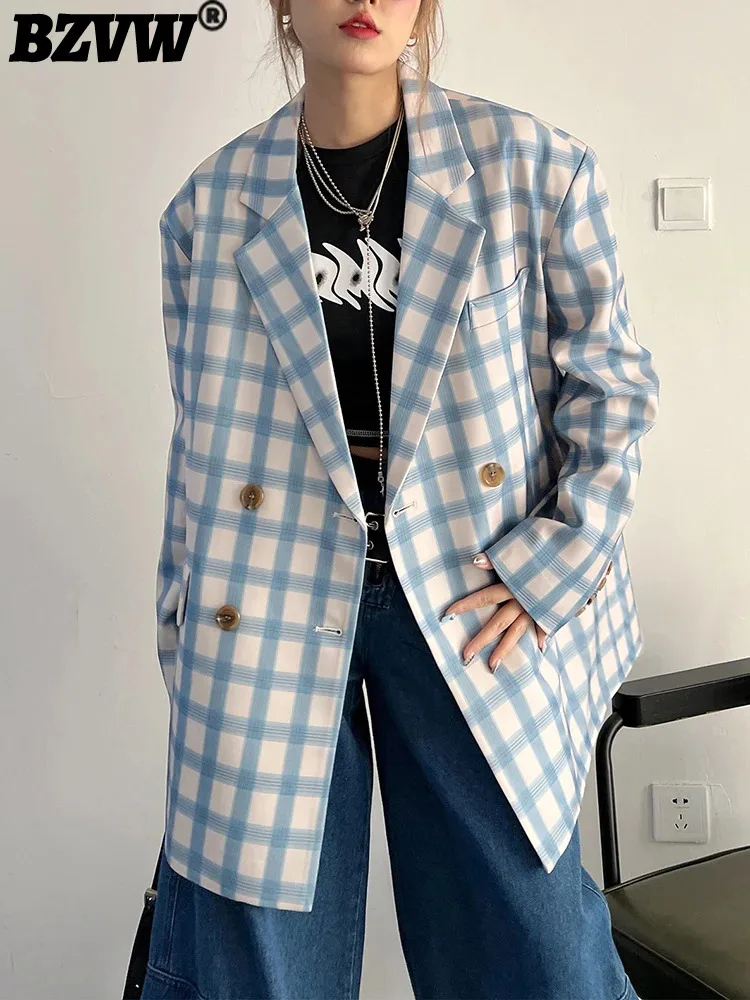 

BZVW 2023 Spring Autumn Blue White Plaid Blazers Coat For Women Loose Casual Vintage Designer Suit Jacket Female New 25X3470