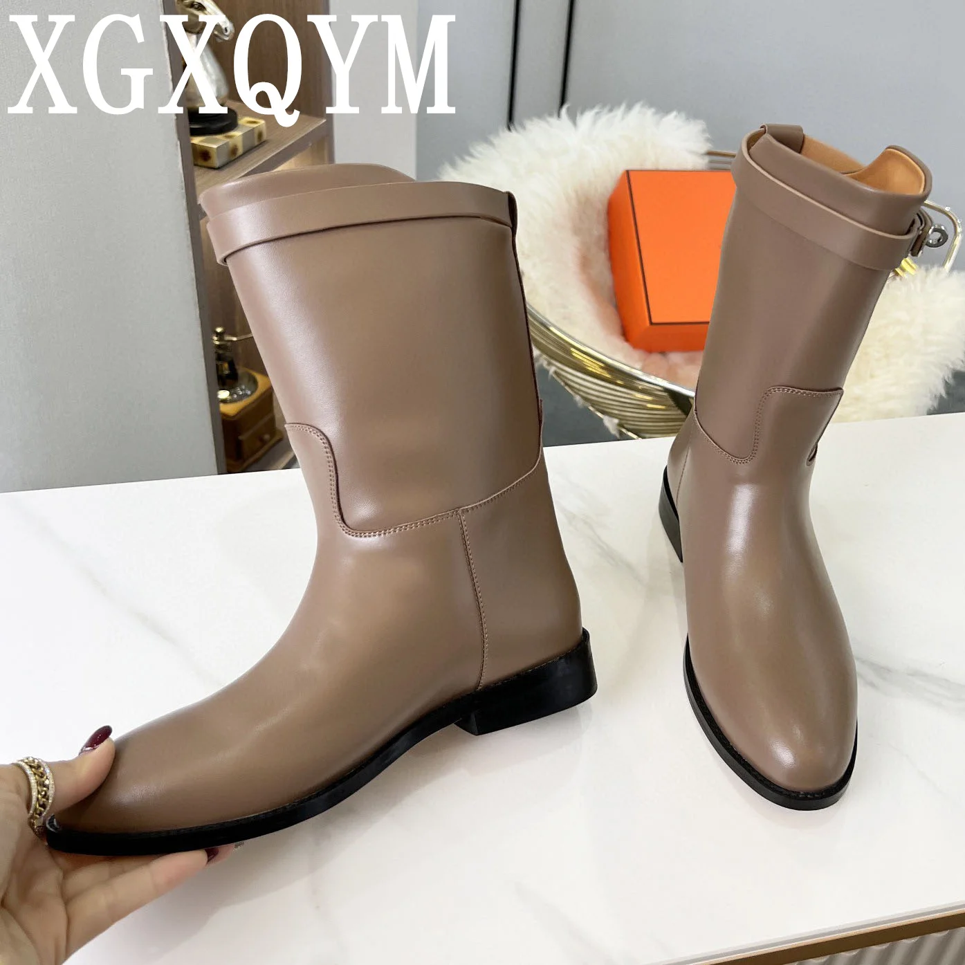 

Classic Black Leather Long Boots Women Slim Fit Round Toe Low Heel Mid Calf Boots Winter Casual Party Buckle Decor Chelsea Boots