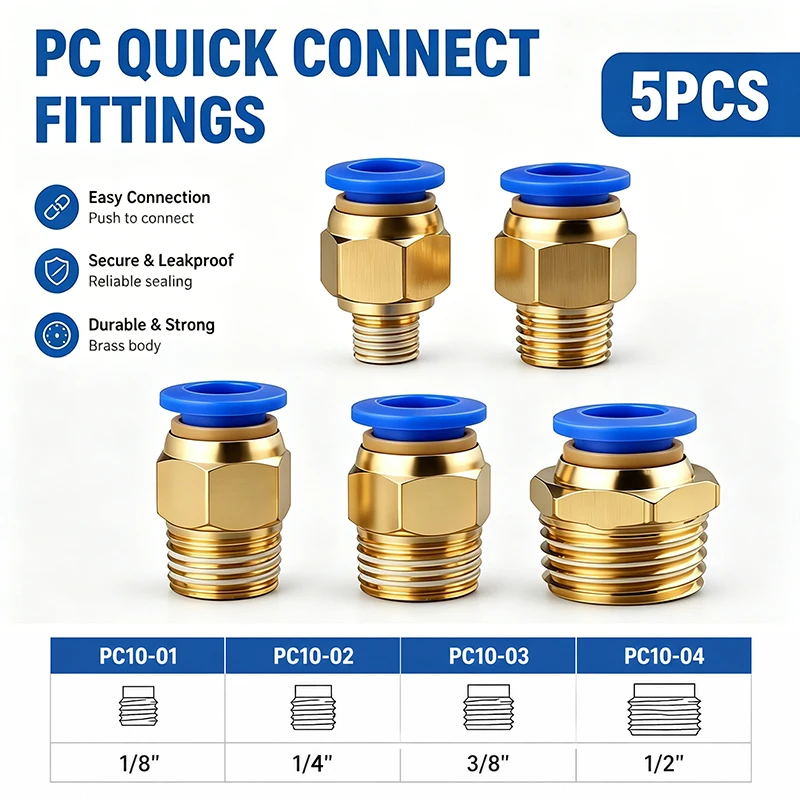 5PCS Quick Connect Air Fittings PC Series - 10mm Hose to 1/8" 1/4" 3/8" 1/2" Thread Pneumatic Push in Connector for Compressor 1