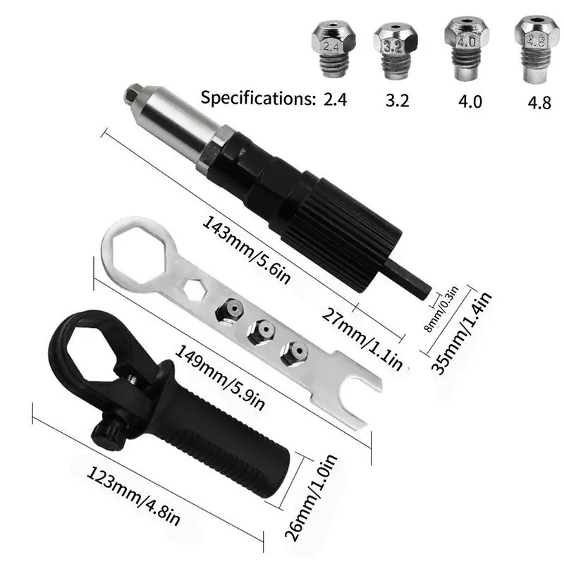 Electric RivetingGun Adapter 2.4/3.2/4.0/4.8 mm Rivet NutGun Drill Bit Nozzle Cordless Conversion Connector Power Tools