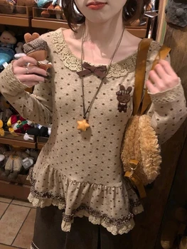 2026 Harajuku Cute Print T-Shirts Women Beige Polka Dot Ruffle Hem Tees Y2K Casual Lace Trim Tops Fashion Summer Streetwear Chic 1