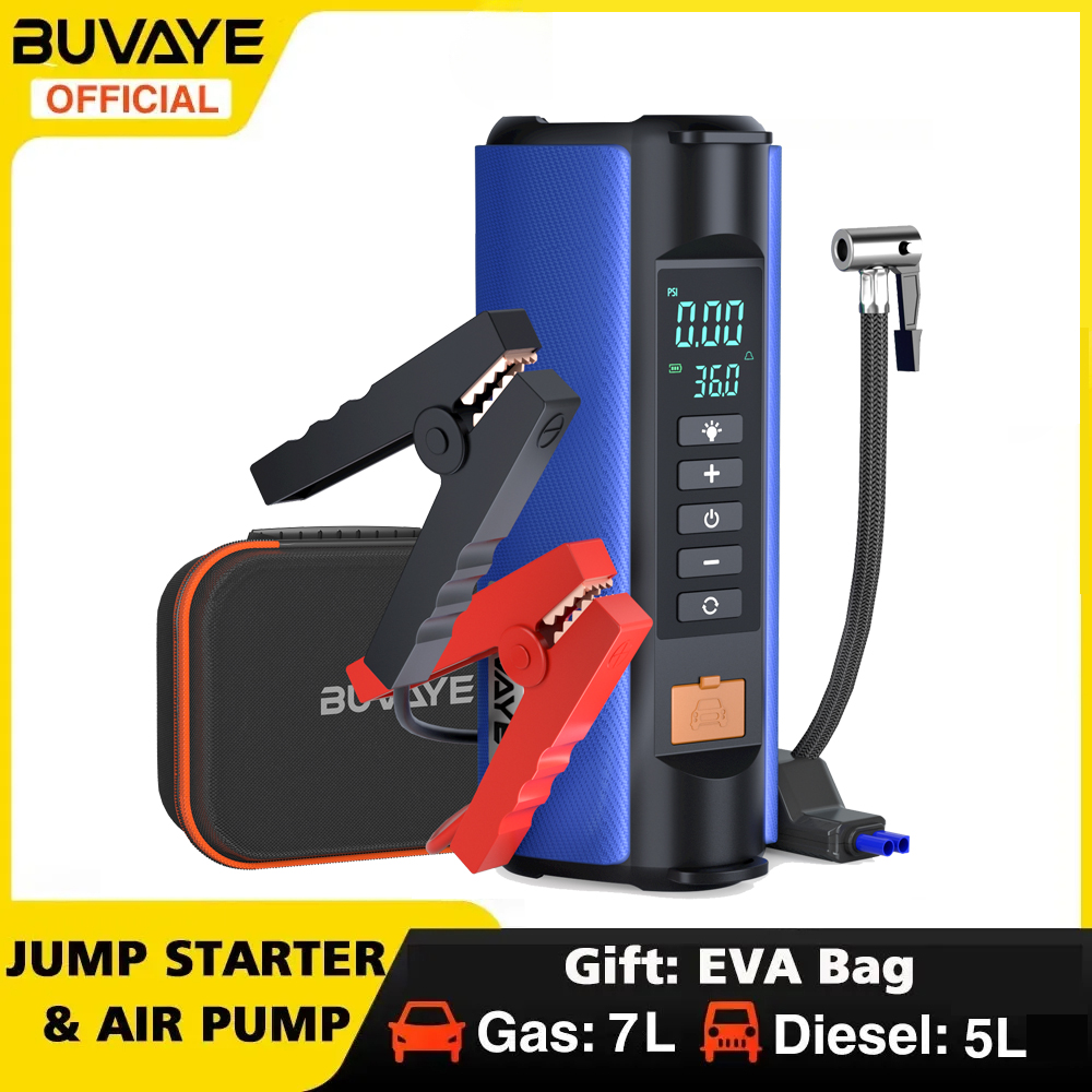 BUVAYE Car Jump Starter Air Pump Outdoor Portable Power Lamp Portable Air Compressor Multifunctional Tire Inflator with EVA Bag