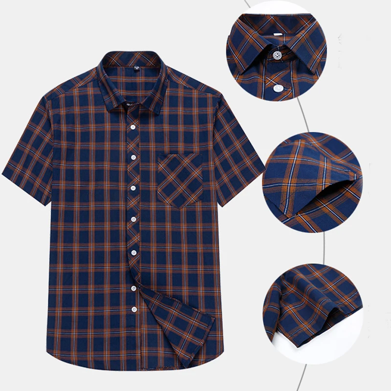 Cotton Shirt Men Summer Short Sleeve Plaid 8XL 7XL
