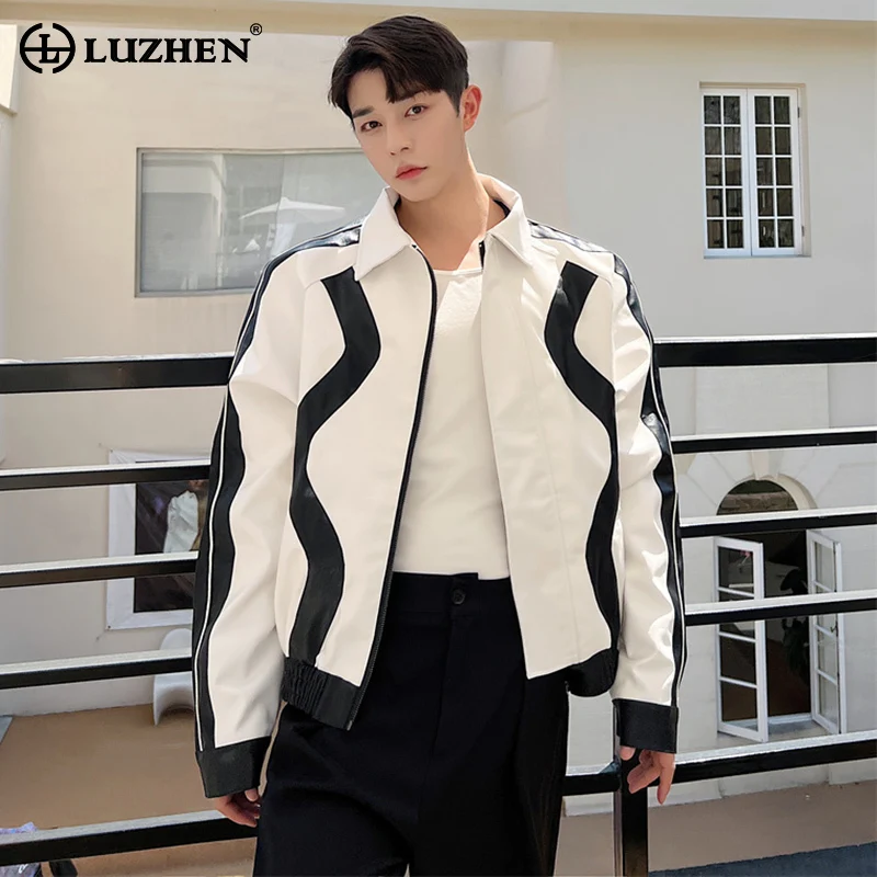 

Оригинальная модная мотоциклетная куртка LUZHEN с эластичной талией для мужчин весна 2024 Повседневная кожаная верхняя одежда контрастного дизайна LZ1372