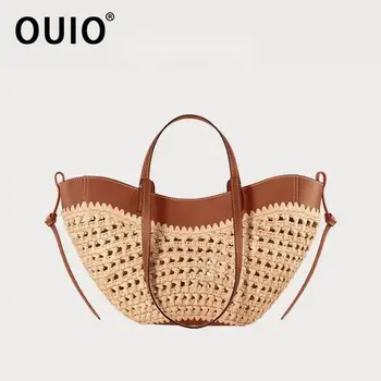 OUIO Borsa tote da donna in rafia intrecciata Borsa da spiaggia in paglia di grande capacità Borsa a tracolla per le vacanze estive con finiture in vera pelle