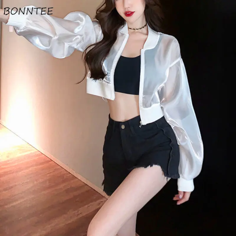 여성용 얇은 시스루 재킷, 여름 캐주얼 크롭 섹시 심플 올 매치 햇빛 차단, 한국 패션, 루즈 스포티 통기성 