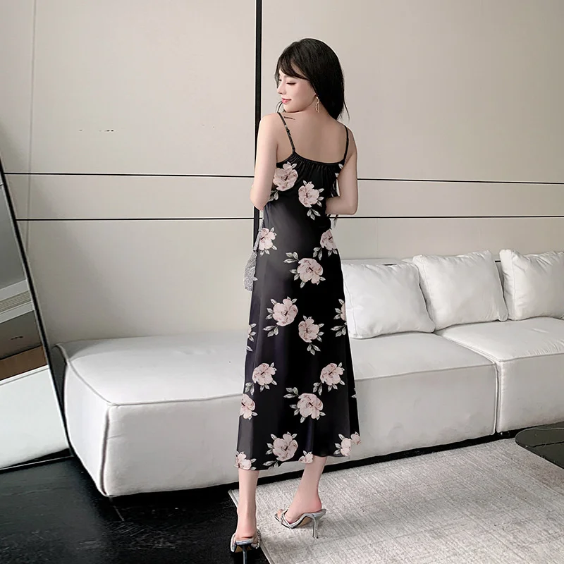 New Ice Silk Pajamas For Women Summer Senior Sense Long Printed Halter Nightdress Swing Collar Ladies Home Wear Pyjamas Sets