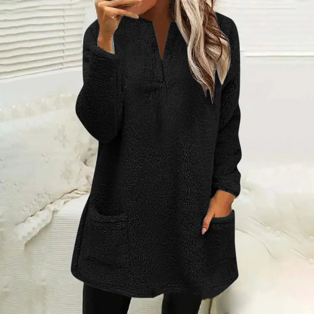 

V-neck Women Top Cozy V-neck Women's Sweatshirt with Plush Fabric Pockets Cold-resistant Warmth for Fall Winter Women