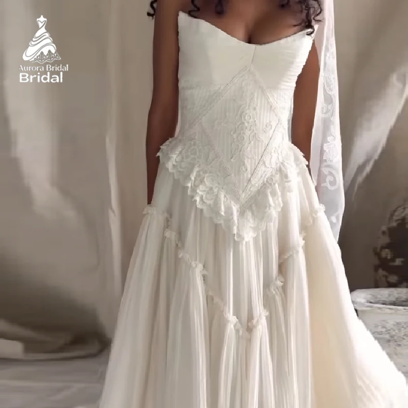 Aurora Customized Elegant Chiffon Pleated Wedding Dress Strapless Lace Bridal Gowns Women Sweep Train Modern Bride Dresses