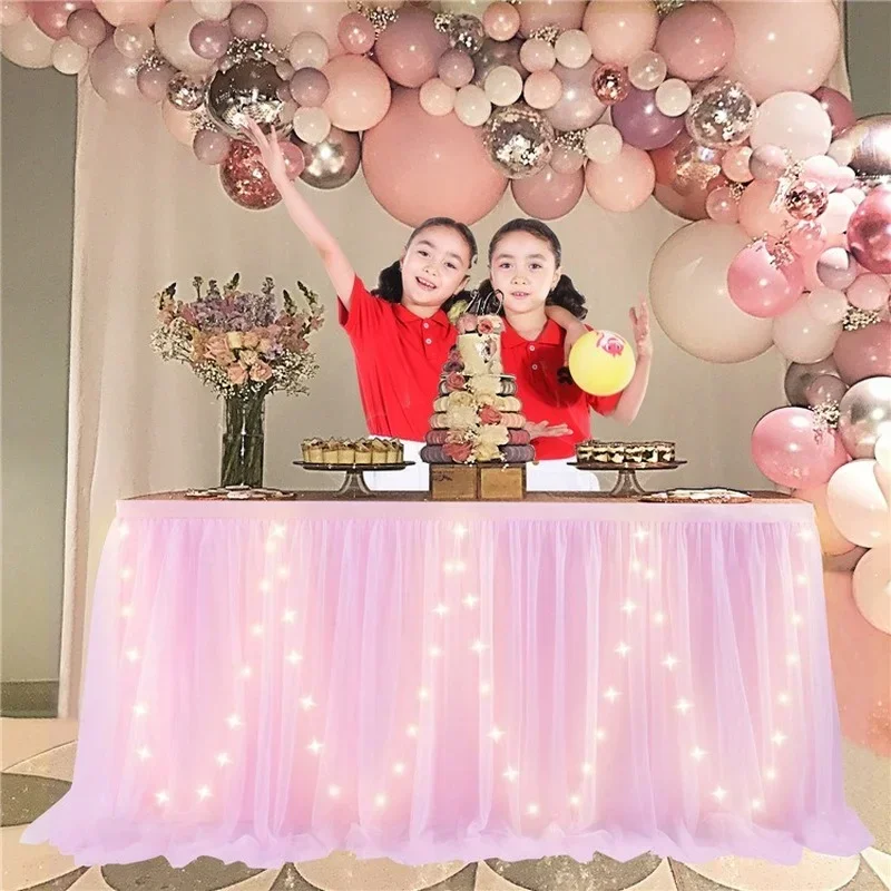 Tulle Table Skirt with LED Lights 6FT Table Cloth for Baby Shower Wedding Birthday Party Bar Home Halloween Decorations