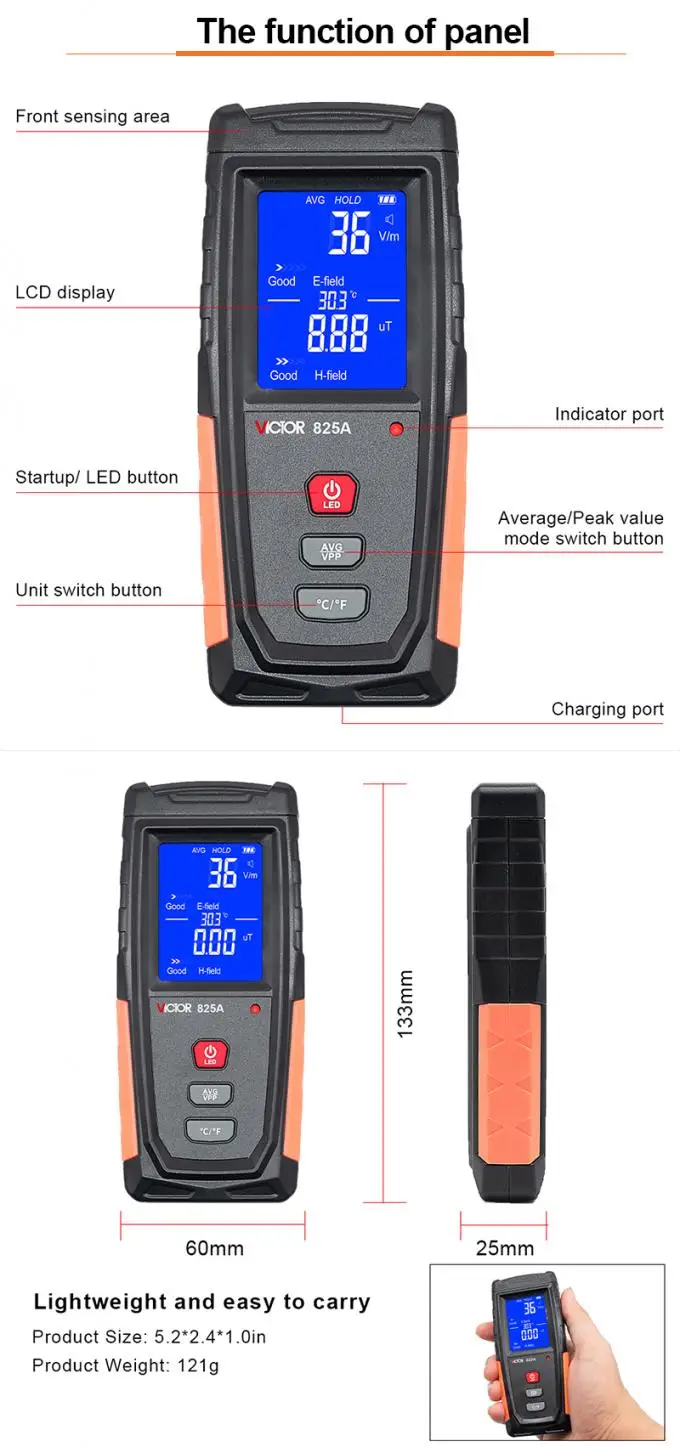 825A Electromagnetic Radiation Tester Handheld Digital LCD EMF Meter 4G 5G WIFi