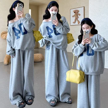Maternity Casual Sports Suit Spring Autumn New American Style Number Print Off Shoulder Shoulder Sweatshirt And Wide Leg Pants