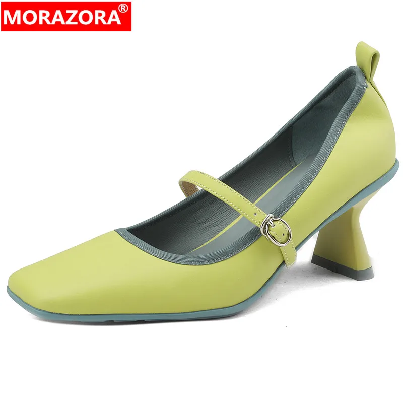 

MORAZORA 2024 New Mixed Colors Ladies Dress Shoes Square Toe Genuine Leather Shoes Woman Mary Janes Thick High Heels Pumps