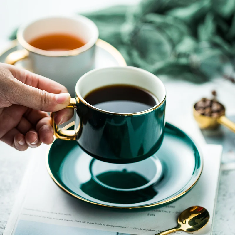 

European style gold ceramic office espresso cup tea cup set milk tea cup birthday couple gift with spoon and dish