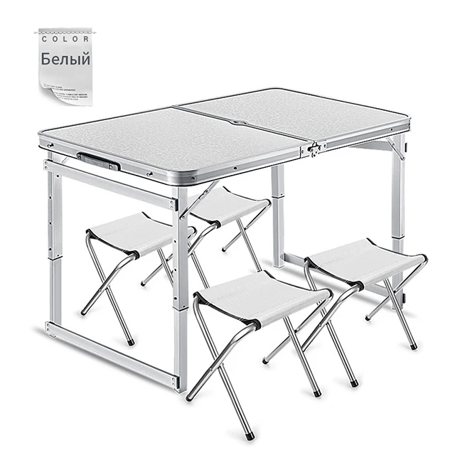 Vicllax camping kit, folding, portable, table, 4 chairs, 60x120 cm Outdorr 60*120cm portable folding table with chair for garden party picnic BBQ Outdoor set chairs aluminium alloy waterproof durable White --- square pipe