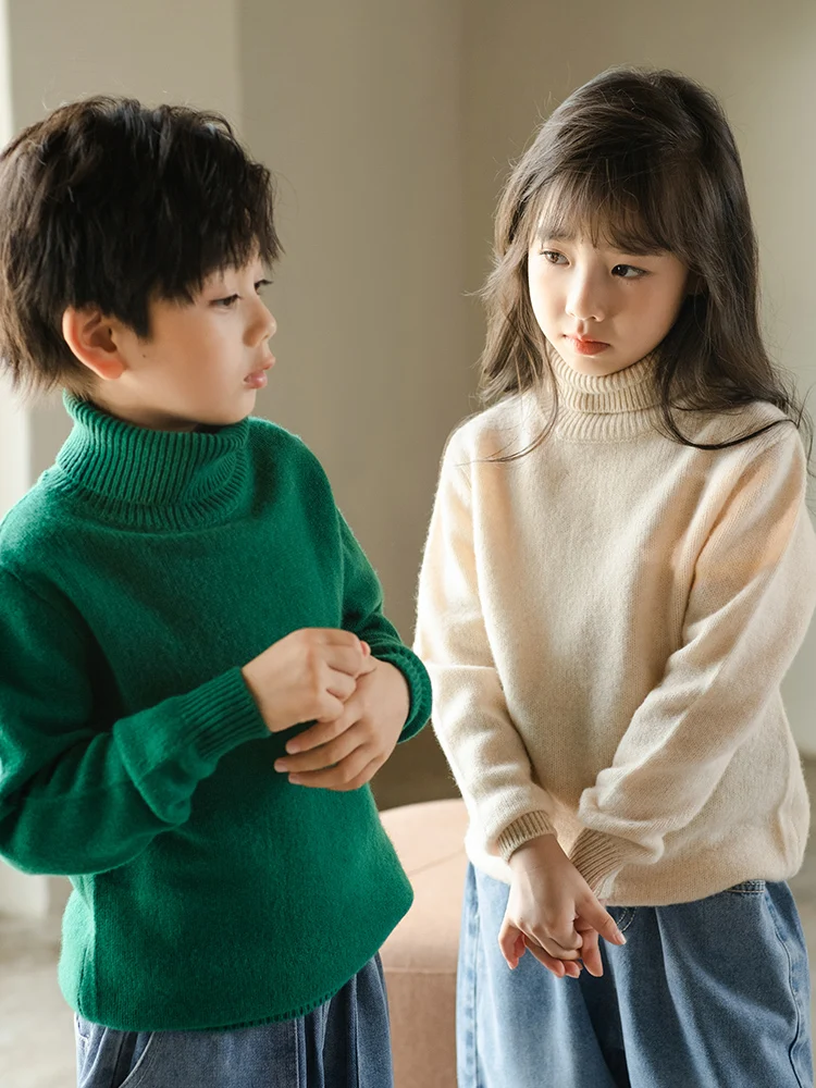 Children's Thick Pure Wool Turtleneck Pullover Boys Girls Kid 100% Australian Merino Heavy Sweater Teenager Tops Jumper Winter 6
