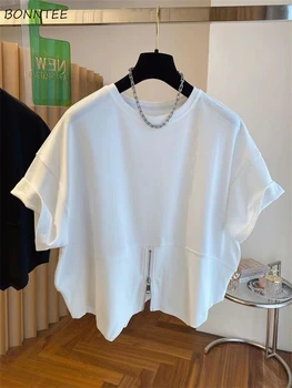 Loose T-shirts Women Zipper Splits S-3XL Chic Streetwear Summer Fashion Casual Minimalist O-neck Korean Style Students All-match 1