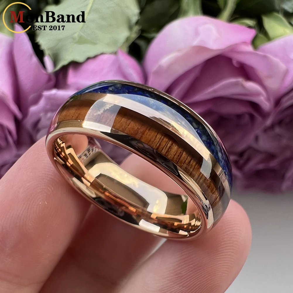 8mm Tungsten Carbide Ring for Men Women Engagement Wedding Band Blue-Lapis Koa Wood Inlay Dropshipping Dome Comfort Fit
