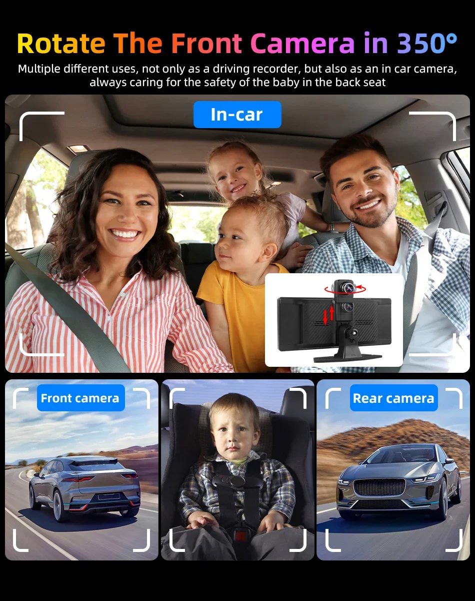 Description Picture 4 of item10.26 Inch Car DVR 4K Camera 350 Degrees Rotating Lens Wireless Carplay Android Auto Screen Dashboard Video Recorder Navigation