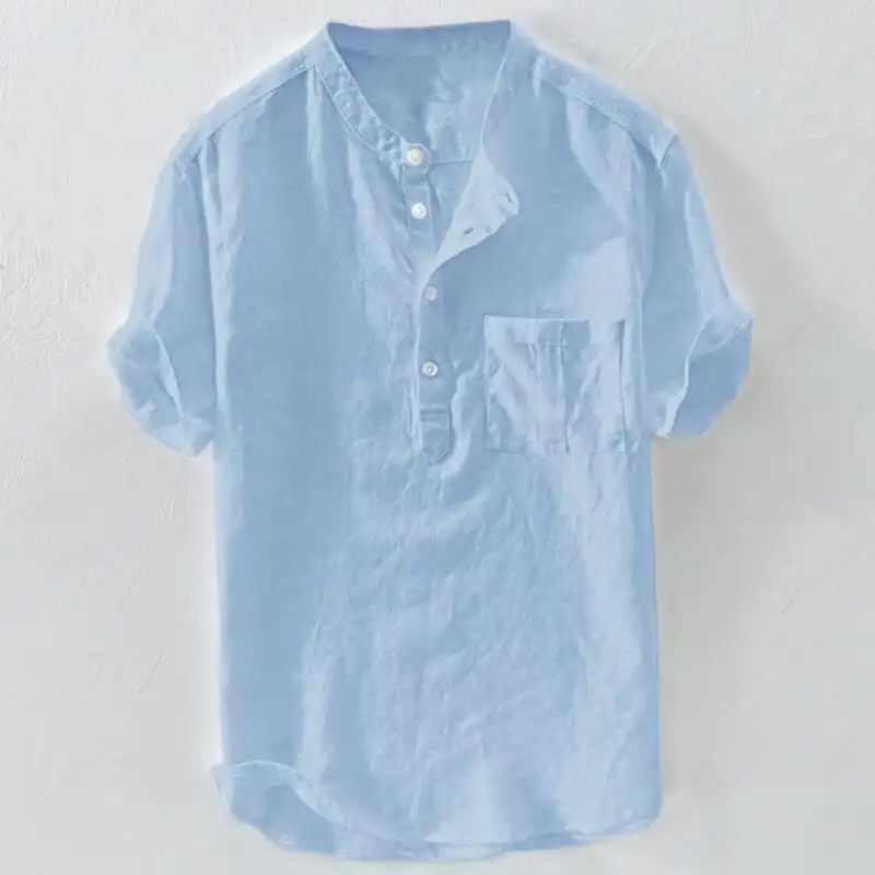 

Men's Solid Color Thin Breathable Button Cotton Linen Top men-s-top Blue