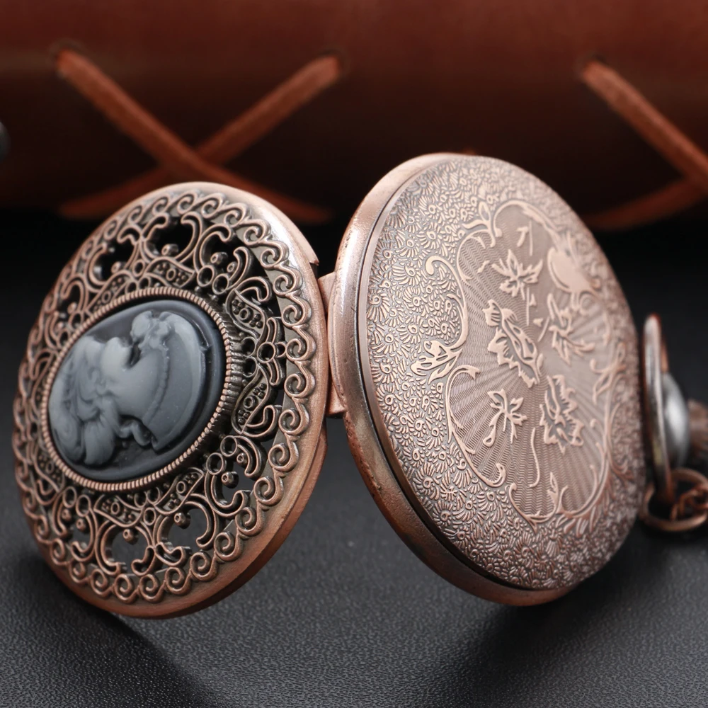 Classic Goddess Head Embossed Quartz Pocket Watch Red Ancient Pendant Necklace Chain Universal Fob Watch for Boys and Girls