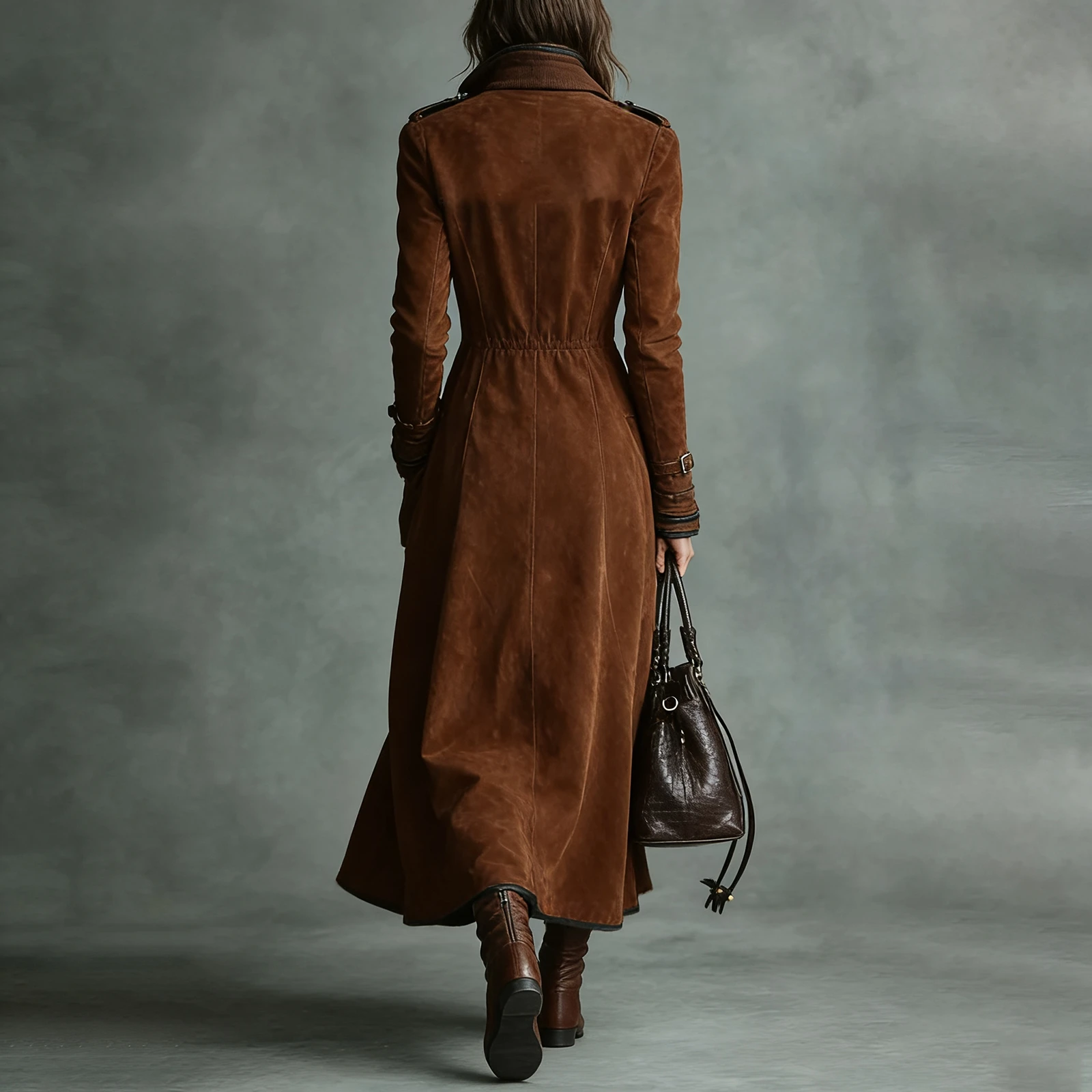 Trench Coat Women Chocolate Suede Double-Breasted Long Trench Coat Elegant Office Daily Outing 2026 Trendy Tops Nuevo Estilo - 4