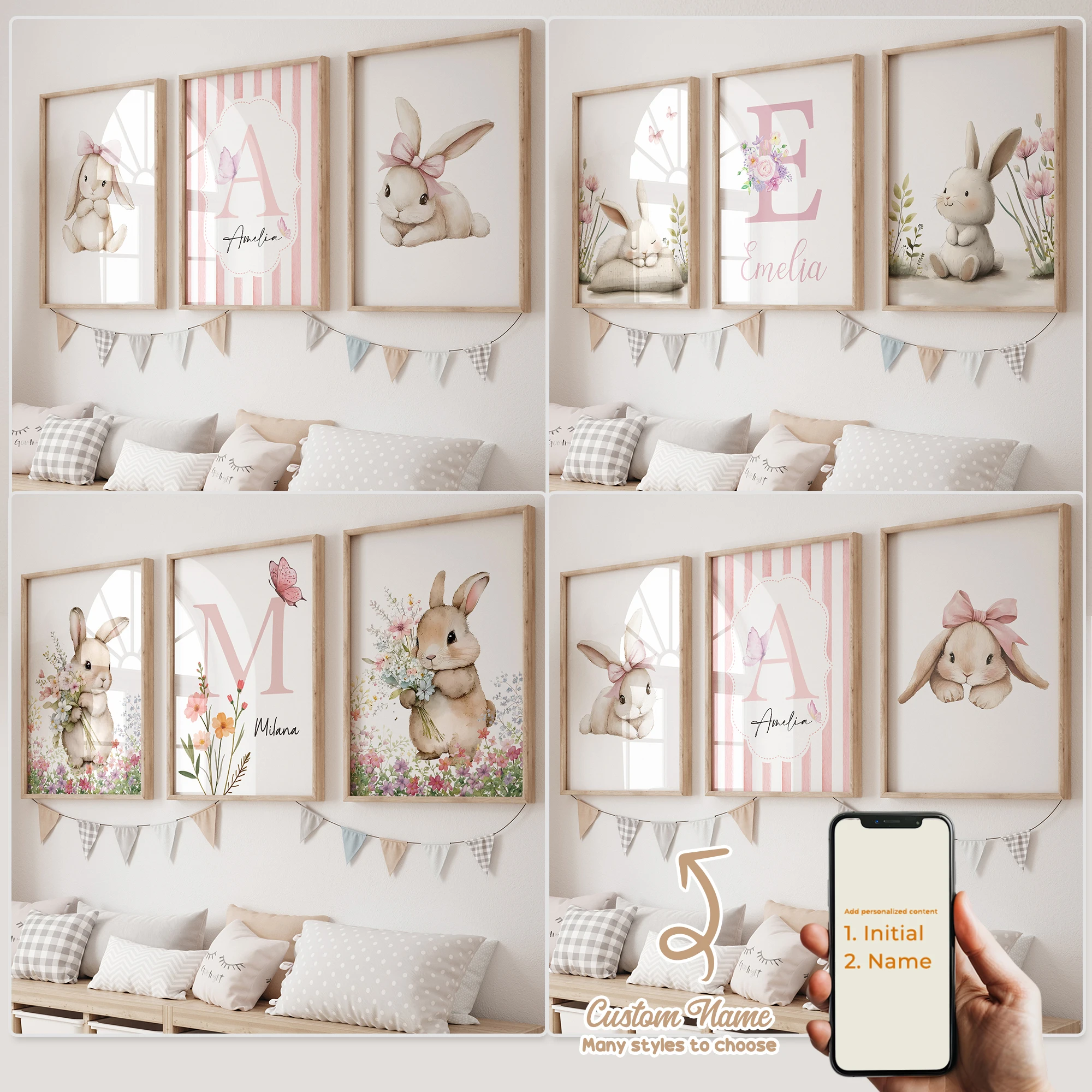 3pcs Personalized Custom Name Cartoon Child pink rabbit Wall Art Print Picture Canvas Poster Painting For Living Room Home Decor 1