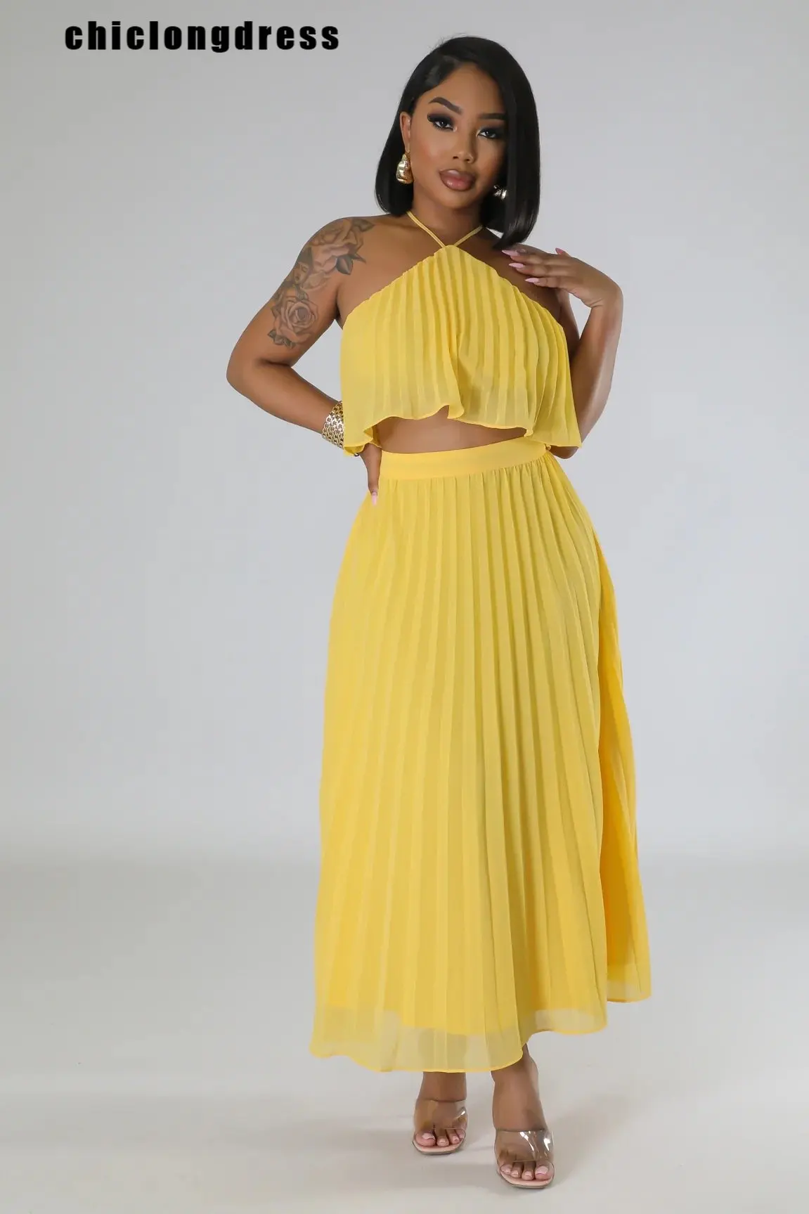 

Summer Fashion Chiffon Pleated Two Piece Set Women Elegant Beach Style Backless Vest Top Pleated Dress Two Piece Set Women